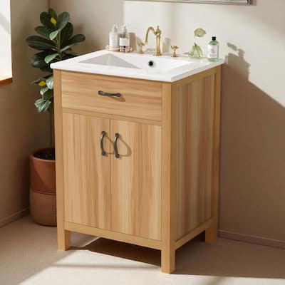 24'' Bathroom Vanity with Ceramic Sink, Solid Wood Frame, Flip Drawer, 2 Soft-Close Doors & Adjustable Shelf