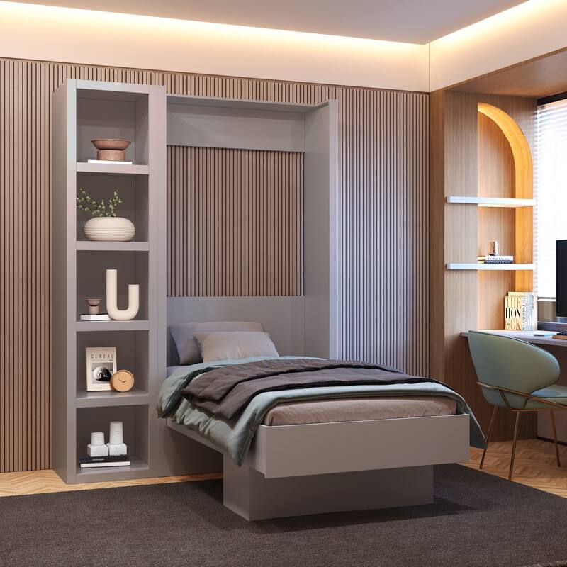 Easy-Lift Twin Murphy Wall Bed in with Bookshelf - Gray