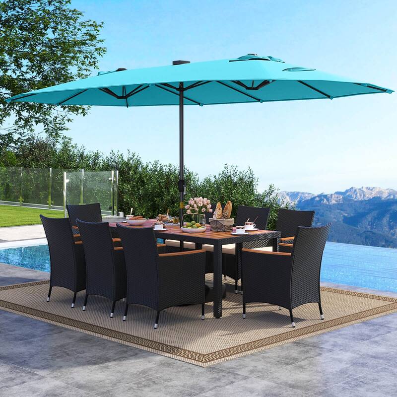 Gymax 11 PCS Patio Dining Set w/ 15ft Double-Sided Patio Umbrella