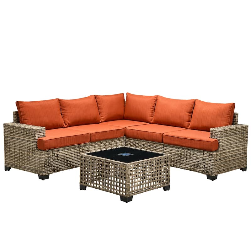 OVIOS 6 Pieces T shaped Seat Wide Armrest Set With Solar-Powered Coffee Table