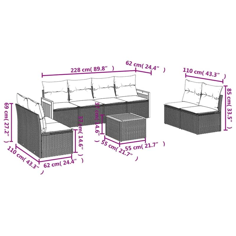 vidaXL 8 Piece Patio Sofa Set with Cushions Black Poly Rattan