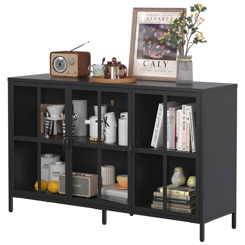 Sideboard Cabinet with Glass Doors, Coffee Bar Cabinet with Shelves, Steel Storage Cabinet with Adjustable Feet
