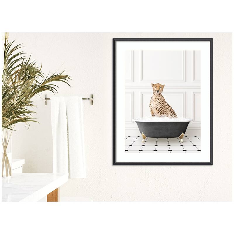 Kate and Laurel Cheetah in Classic Black and White Bathtub by Amy Peterson Framed Wall Art Print