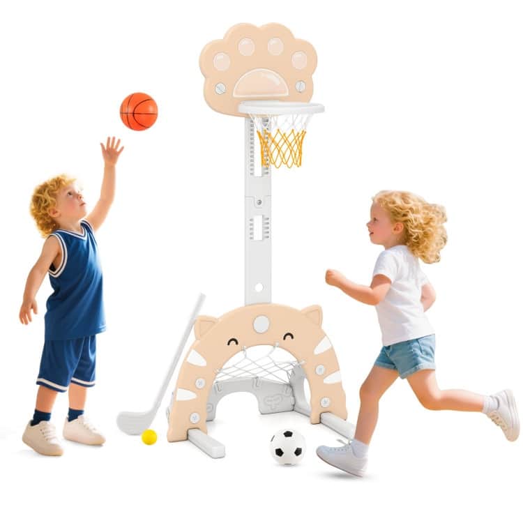 3 in 1 Kids Basketball Hoop with Basketball and Foldable Rim - 25.5" x 19" x 51"-59.5" - Beige