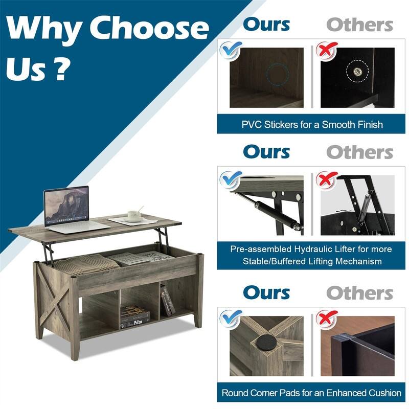 Lift Top Coffee Table with Hidden Compartment - 19.5"D x 40"W x 19.3"H