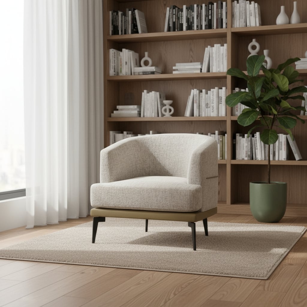 HomeRoots 29" Beige Camel and Black Tufted Linen Solid and Manufactured Wood Barrel Chair - 28.90 in. x 28.30 in. x 27.60 in.