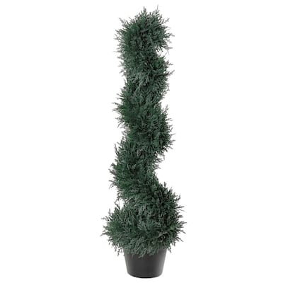 Artificial Spiral Cedar Topiary Tree 35.5 Inch Dark Green Faux Plant Indoor Outdoor Decorative with Cement Pot - Ф7" x 35.5" H