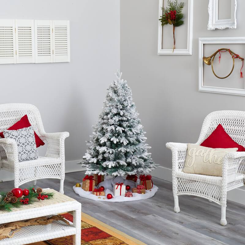 4' Flocked Vermont Pine Artificial Christmas Tree, Warm Clear LED - 4 Foot