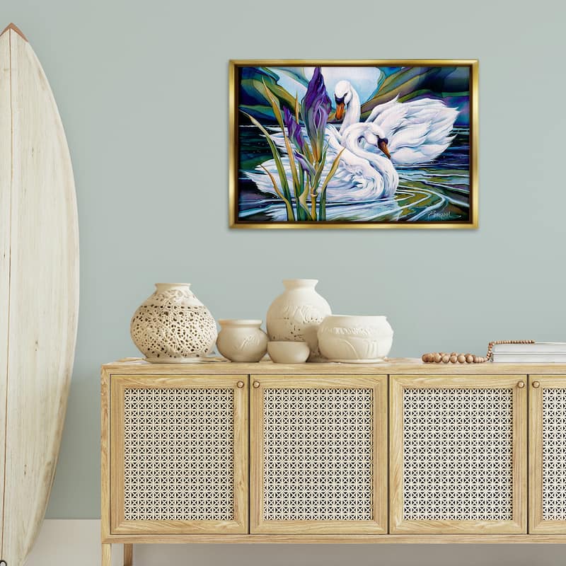 Stupell Swans with Abstract Pond Ripples Framed Floater Canvas Wall Art Design By Jody Bergsma