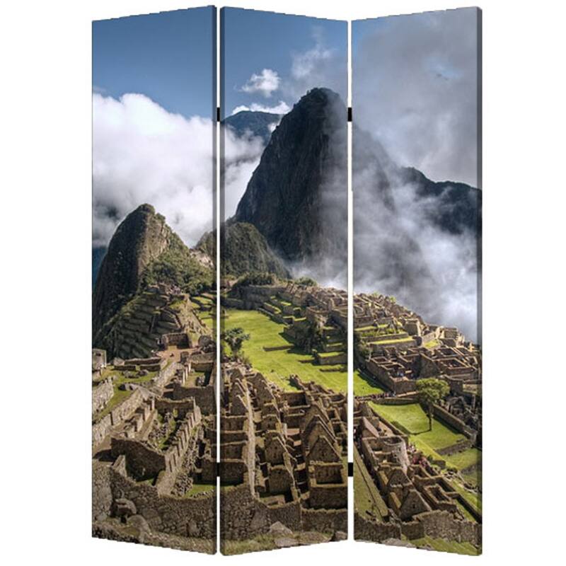 3 Panel Foldable Canvas Screen with Machu Picchu Print, Multicolor