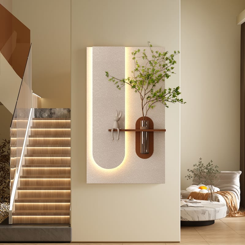 Adjustable 3-Color LED Sandstone Wall Decor with Simulated Plants -3D Art Sculpture,Glass Vase & Rabbit Statue,Remote Control