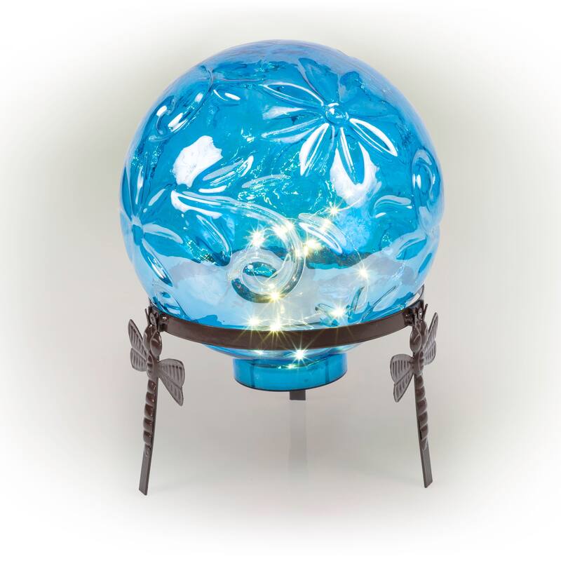 Alpine Corporation 13" Tall Indoor/Outdoor Pearlized Blue Glass LED Gazing Globe with Stand