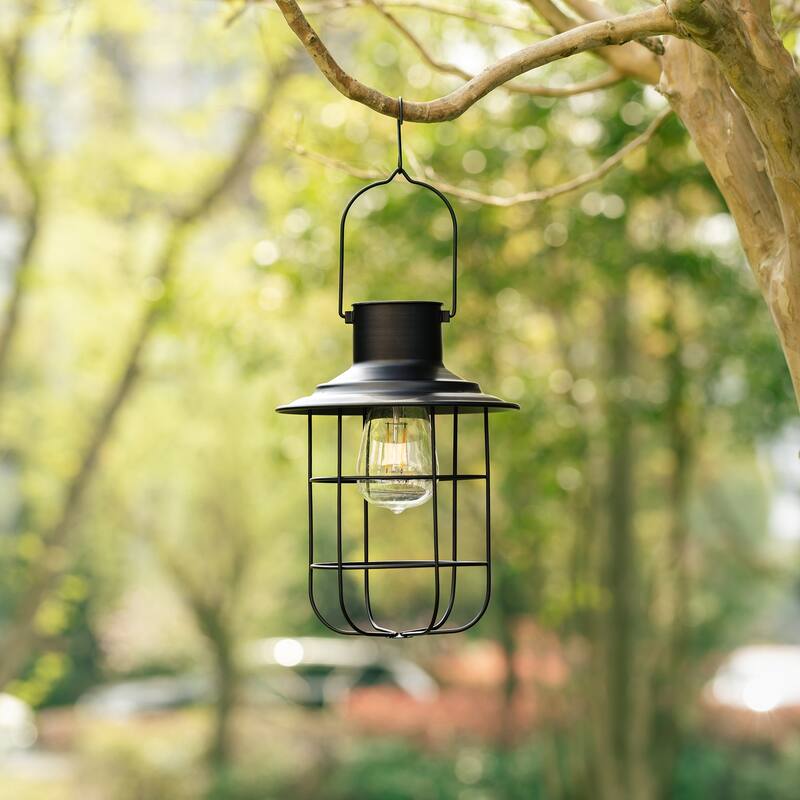 Glitzhome Set of 2 Metal Wire Solar Powered Outdoor Hanging Lantern