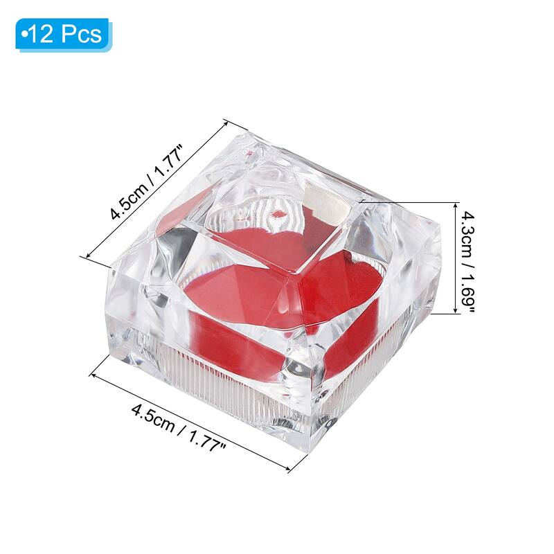 12 Pcs Clear Plastic Ring Boxes with Foam Insert for Wedding 1.8"x1.8" - Red