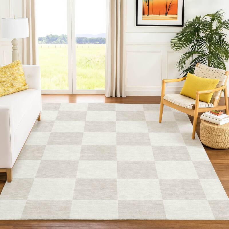 Machine Washable Indoor/ Outdoor Modern Checker Chantille Rug