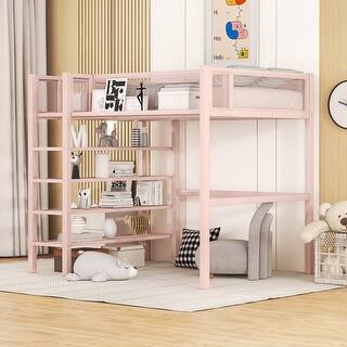 Twin Size Metal Loft Bed with 4-Tier Shelves and Storage,Metal Loft Bed With Storage Space,Modern Style,Pink