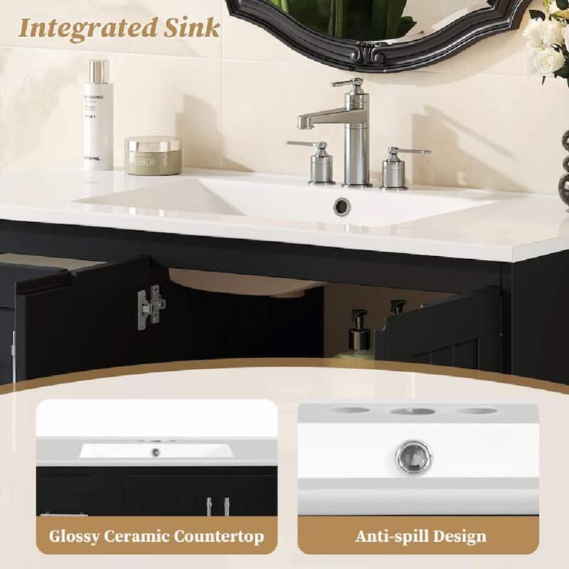 36'' Wall Mounted Bathroom Vanity - Floating Bathroom Storage Cabinet with 2 Drawers, 3 Holes Single Ceramic Sink