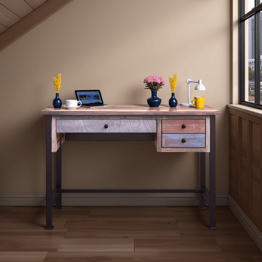 Fena 48 Inch 3 Drawer Office Desk, Iron Base, Multicolor Distress Pine Wood