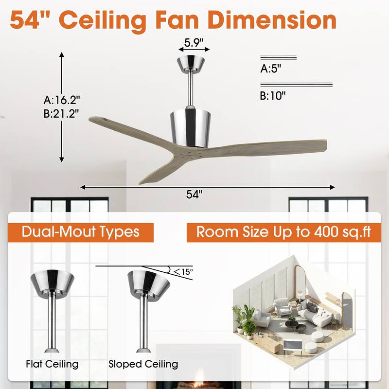 54" Farmhouse Solid Wood 3-Blade DC Reversible Ceiling Fan with Remote, No Light