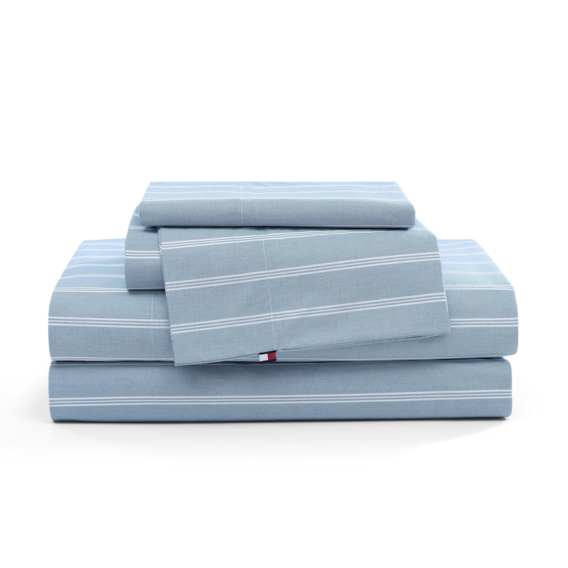 Tommy Hilfiger Printed Cotton Percale Sheet Set - Effortless Stripe Blue - Full