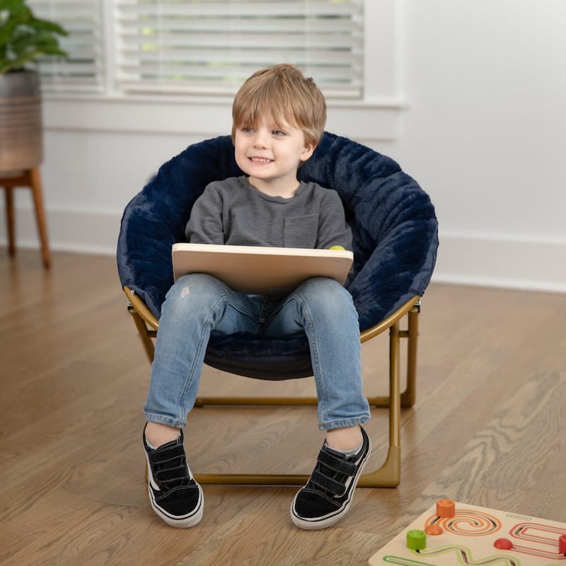 Kids Folding Synthetic Fur Saucer Chair for Playroom or Bedroom - 12.25"D x 22.75"W x 22"H