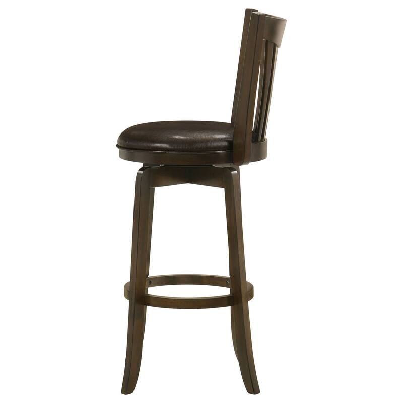 Ethan Swivel Barstool Chair, Dark Brown Faux Leather, Slatted Back Hardwood