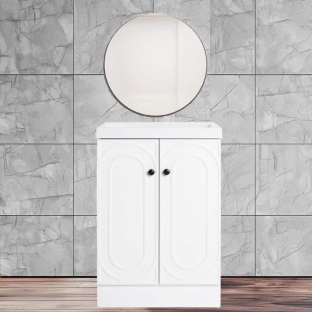 36" White Freestanding Bathroom Vanity with Resin Sink & 2 Soft-Close Cabinet Doors, Adjustable Storage Shelf