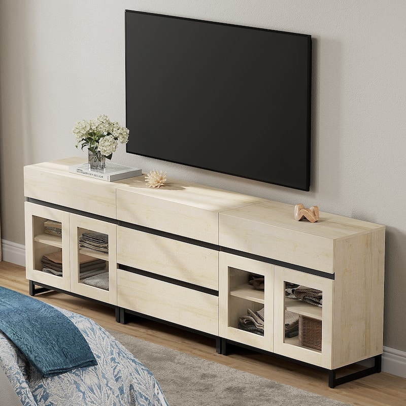 WAMPAT 3 in 1 Multifunctional Dresser with Glass Doors and 5 Drawers, Modern Chest of Drawers for Bedroom