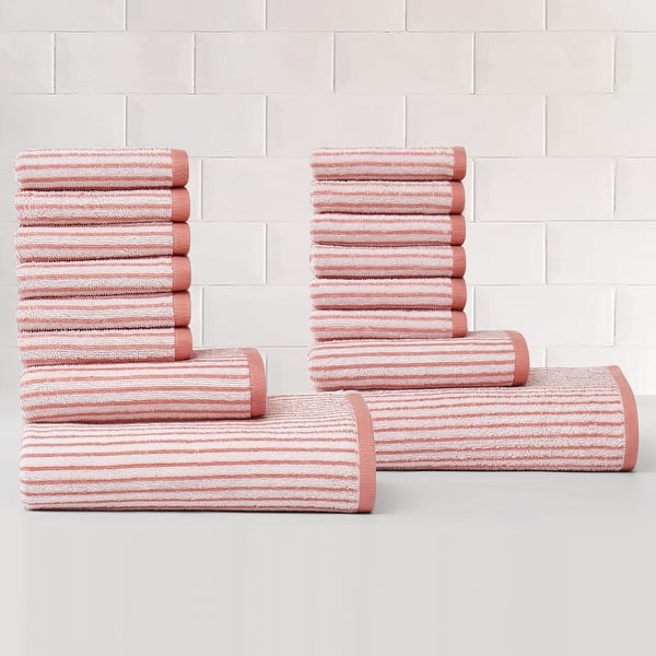 slide 2 of 9, Truly Soft Essential Yarn Dye Stripe 16 Piece Towel Set Rose