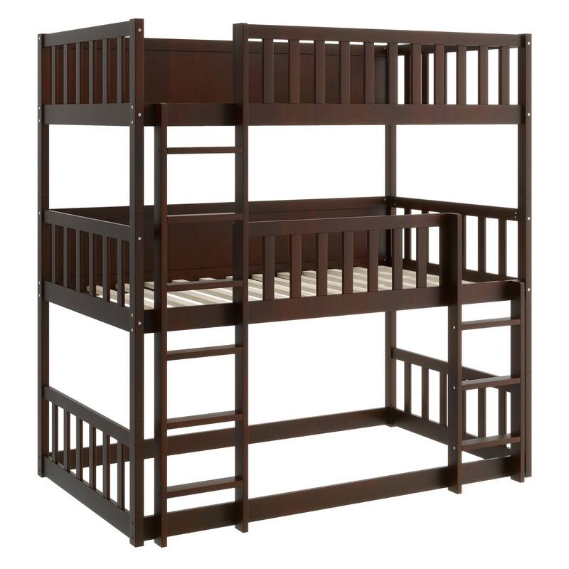 Twin over Twin over Twin Size Triple Rubber Wood Bunk Bed with Ladders, Guardrails