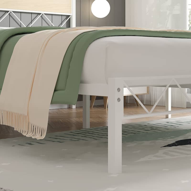 Twin Size Bed Frame Sett Metal Platform Bed with Wood Headboard Footboard Set of 2