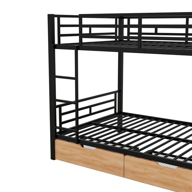 Full Over Full Bunk Bed with 2 Drawers for Kids, Adults, Teens, Metal Convertible 2 Bedframe with Ladder & Safety Guardrails
