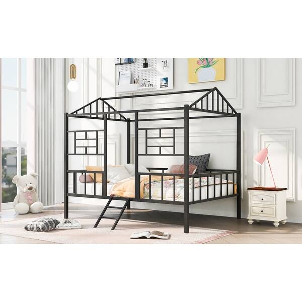 slide 2 of 27, Twin Metal House Bed Frame with Slats, Treehouse Design for Kids Black