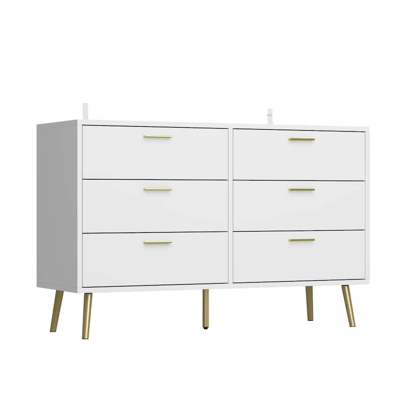 6-Drawer Double Dresser with Gold Accents Bedroom Storage Solution