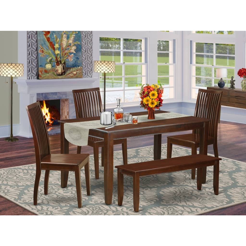 HomeStock 6-Piece Rectangle Mahogany Finish Solid Wood Top Dining Table with 1 Bench, 4 Chairs with Lattice Back
