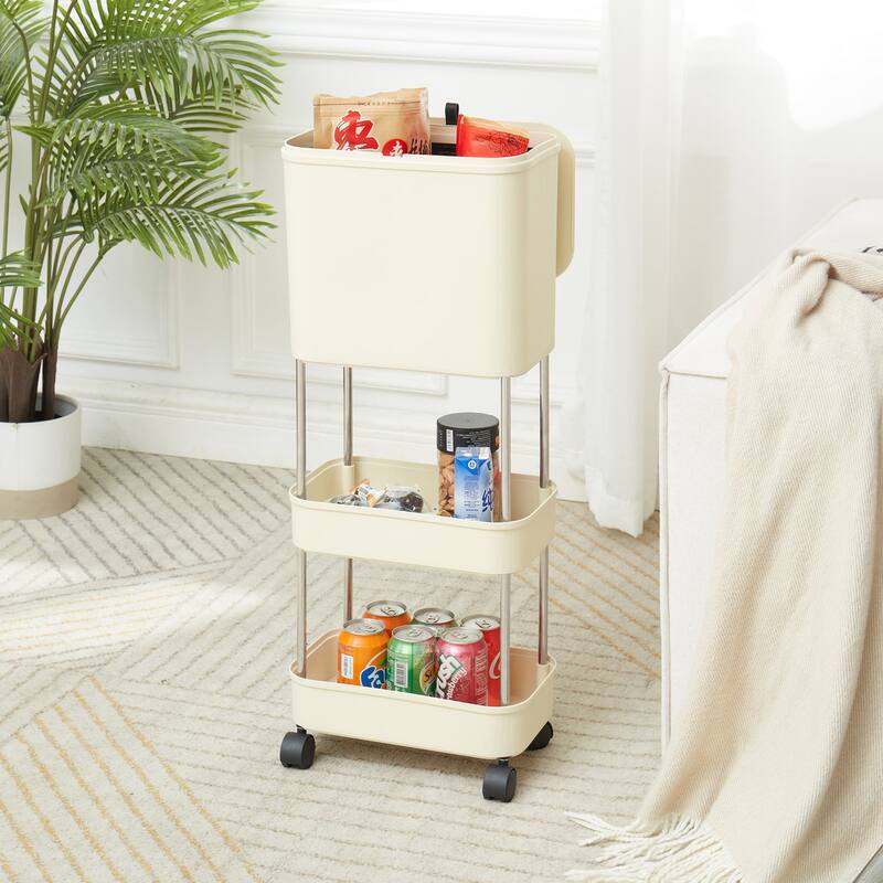 Rolling Utility Cart with Trash Cans, Movable Kitchen Garbage Can with Pop-up Lid and Wheels for Kitchen Bathroom Home Office