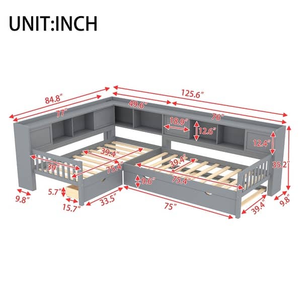 dimension image slide 0 of 3, L-Shaped Twin Platform Bed with Trundle, Solid Wood Frame, Built-In Drawers & Shelves, No Box Spring Needed