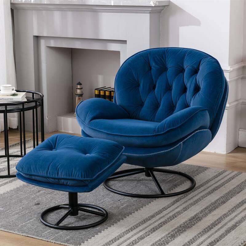 Velvet Swivel Accent Chair with Ottoman & Metal Legs (360° Rotation)