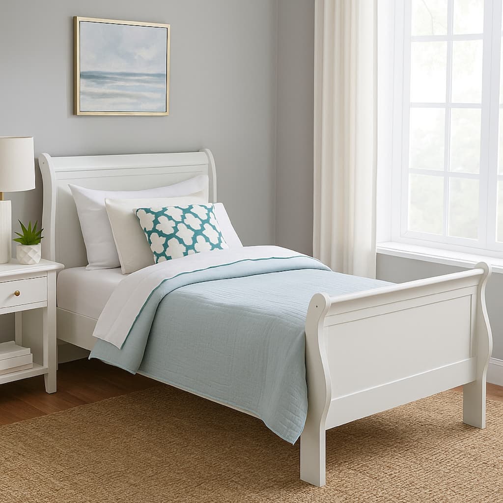 Nim Twin Size Bed, Sleigh Panel Headboard Design, White, Low Profile