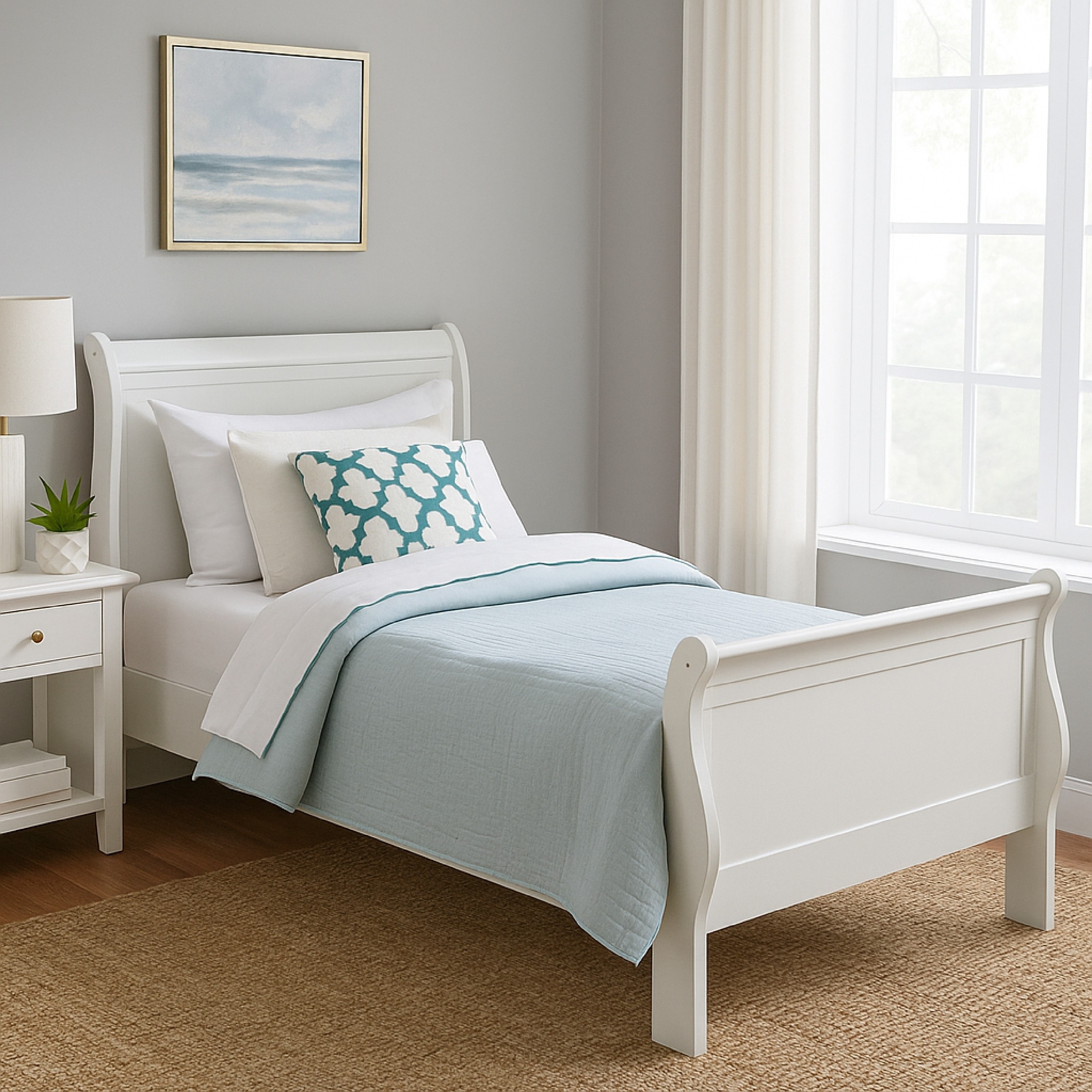Nim Twin Size Bed, Sleigh Panel Headboard Design, White, Low Profile