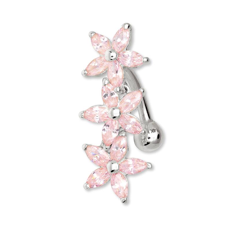 Curata Solid 14k Yellow or White Gold Pink Marquise Cubic Zirconia Flower Top Mount Belly Button Ring Dangle (7mm x 24mm)