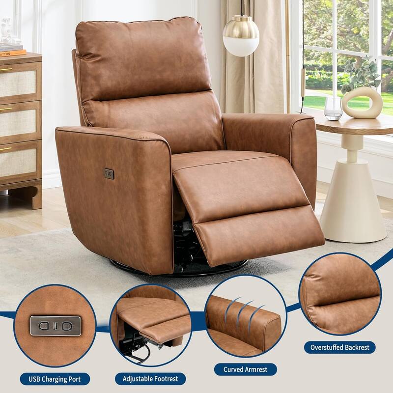 Power Recliner Swivel Chair Rockery Glider PU Leather Nursery Chair with USB Port