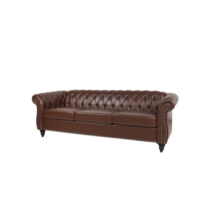 84" PU Leather 3-Seat Sofa with Silver Studs Trim, Button Tufted Back & Arms and Comfortable Cushion for Living Room