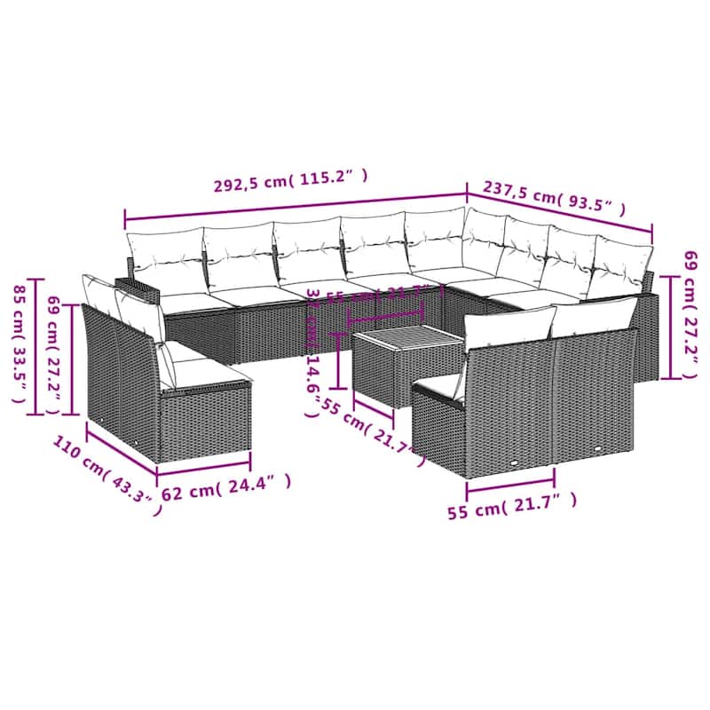 vidaXL 13 Piece Patio Sofa Set with Cushions Black Poly Rattan - 24.4" x 24.4" x 27.2"