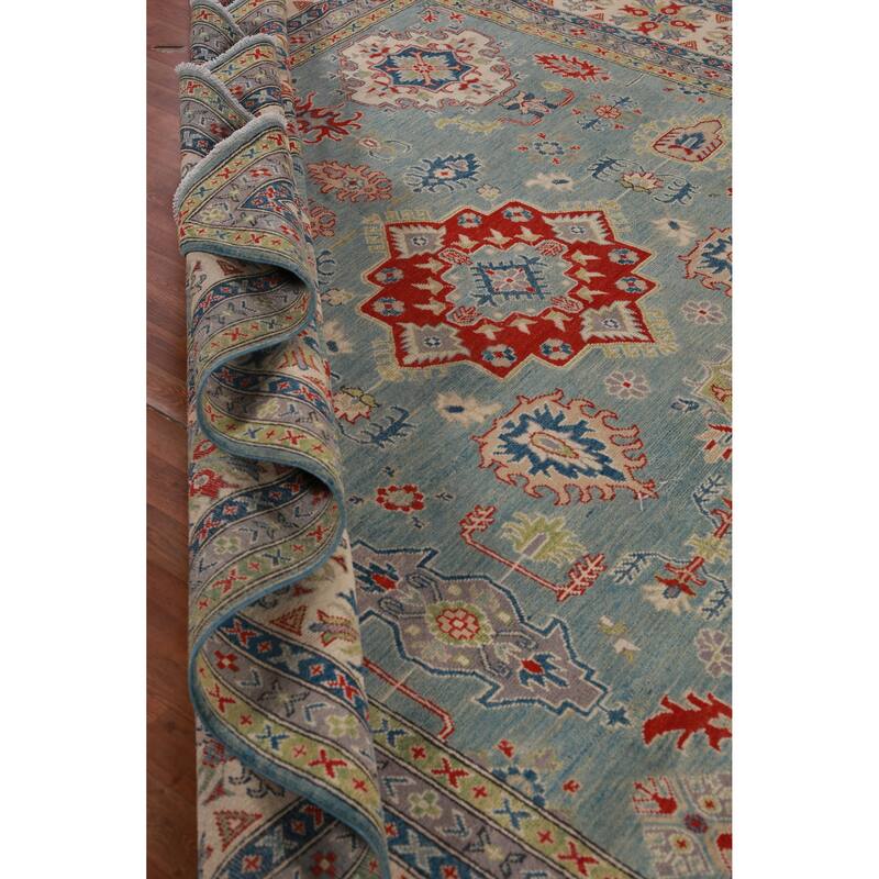 Hand Knotted Oriental 100% Wool Carpet Traditional Geometric Navy Blue & Blues Kazak Area Rug - 16' 6'' X 9' 7''