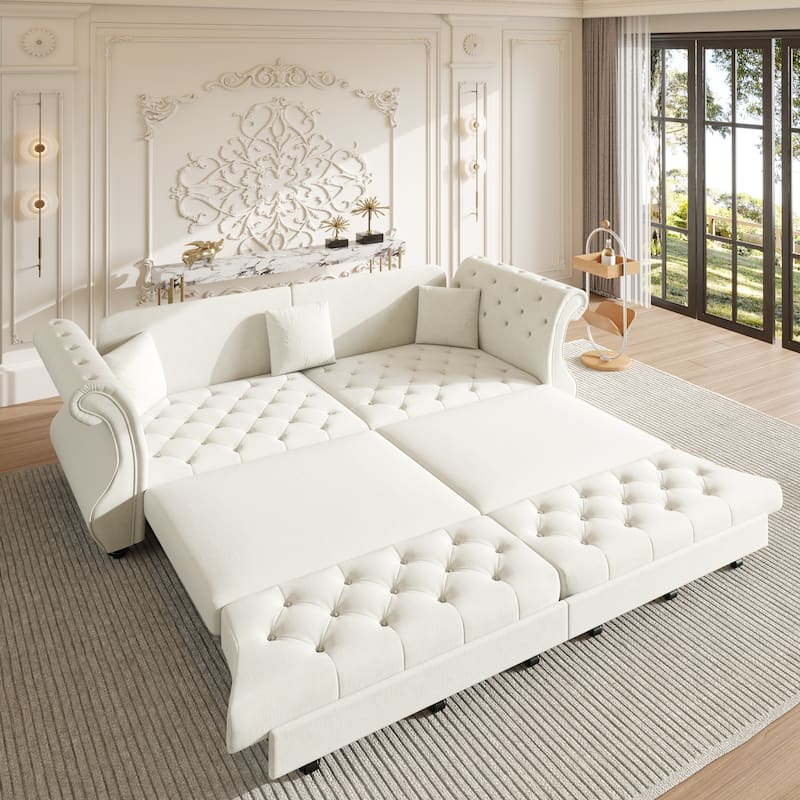 Chesterfield Pull Out Sofa Bed, Oversized 3-Seater/4-Seater Velvet Couch with Flared Arms, Convertible Sleeper Sofa