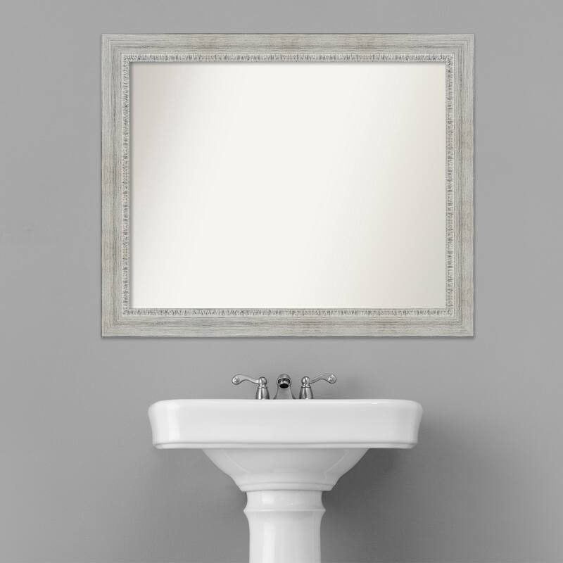 Non-Beveled Wood Bathroom Wall Mirror - Rustic White Wash Frame