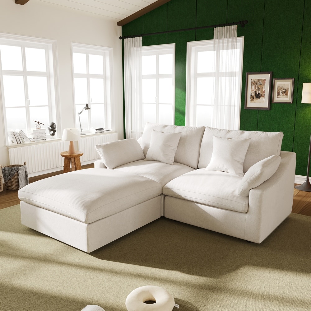 82.68'' Down Filled Sectional Couch L-shape Linen Upholstered Loveseat with Ottoman