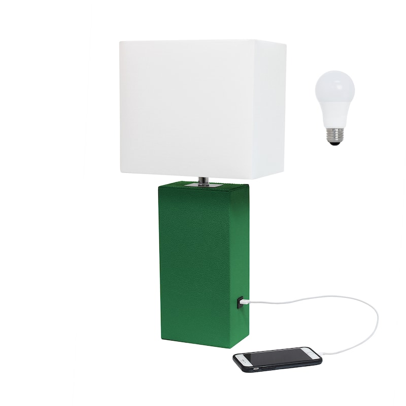 Elegant Designs 21" Modern Leather Wrapped Table Lamp with USB Port, With LED Bulb - White Shade/Green Base