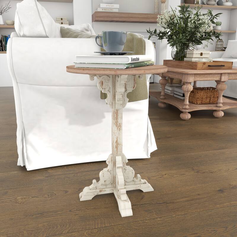 Wood Scroll Intricately Carved Accent Table with Brown Wood Top - Gray, White, Cream - Roche River Decor